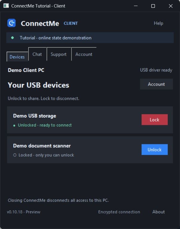 ConnectMe Client with USB Lock and Unlock controls